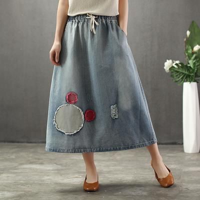 Zomer Dunne Cartoon Geborduurde Patch Swing Denim Rok