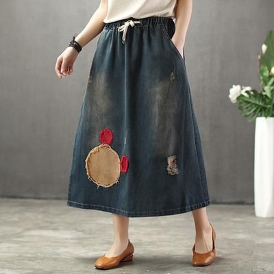 Zomer Dunne Cartoon Geborduurde Patch Swing Denim Rok