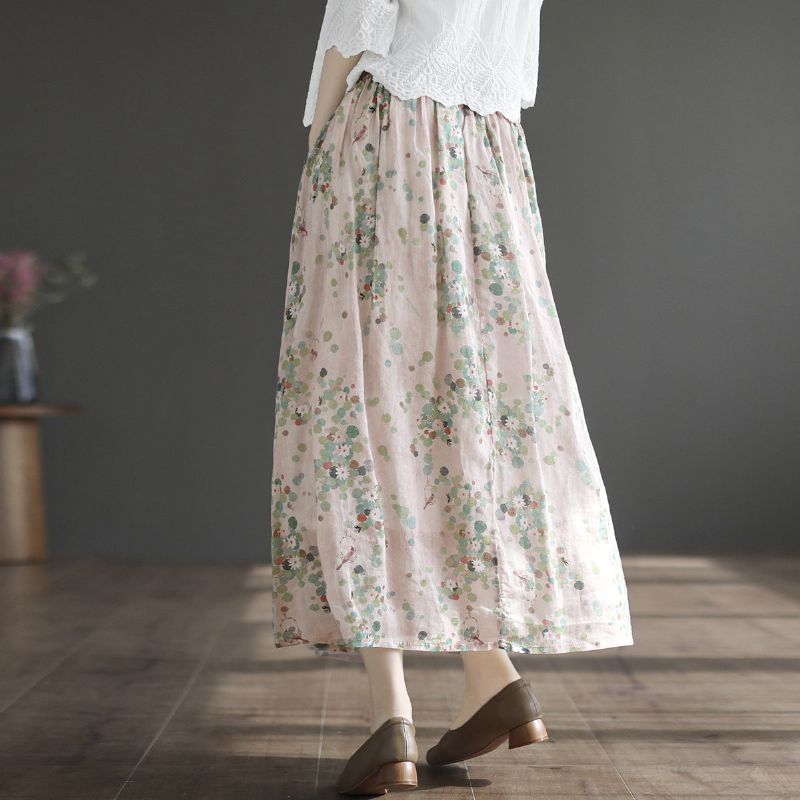 Zomer Retro Linnen Bloemen A-lijn Patchwork Rok