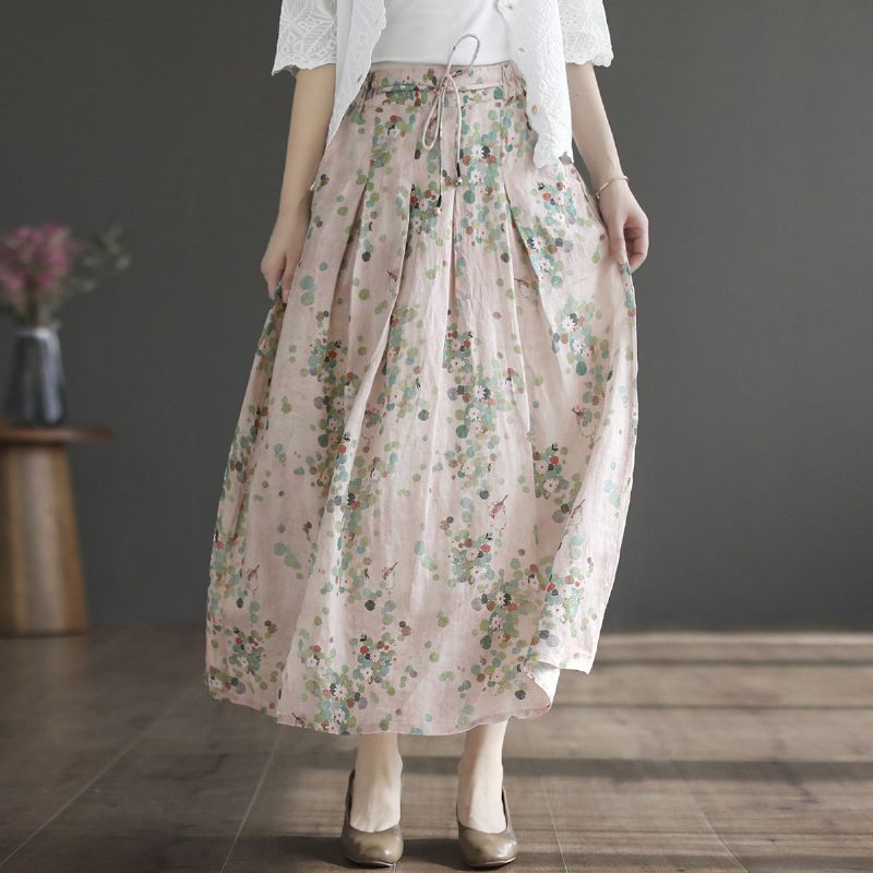 Zomer Retro Linnen Bloemen A-lijn Patchwork Rok