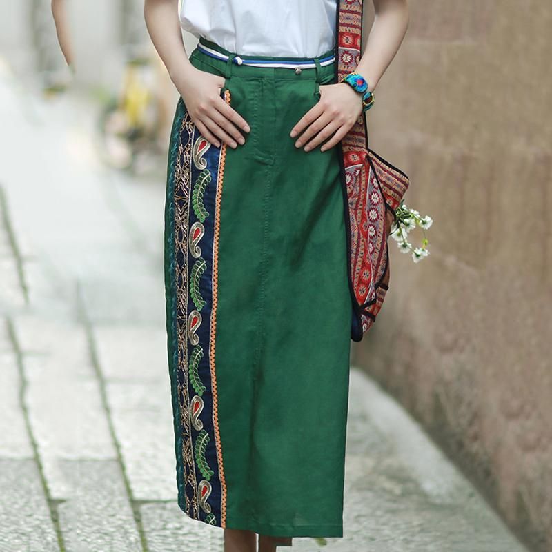 Zomer Vintage Chinese Stijl Geborduurde Linnen Rok