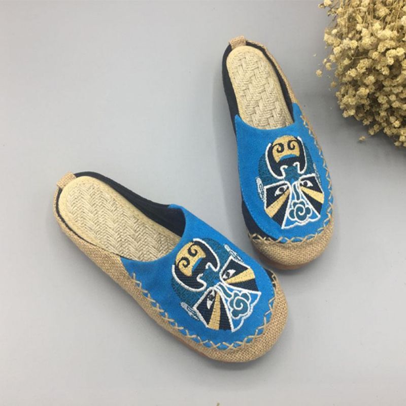 Dames Peking Opera Facial Geborduurde Casual Platte Schoenen Thuis Slippers