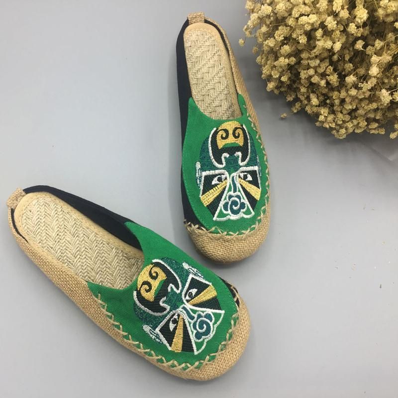 Dames Peking Opera Facial Geborduurde Casual Platte Schoenen Thuis Slippers