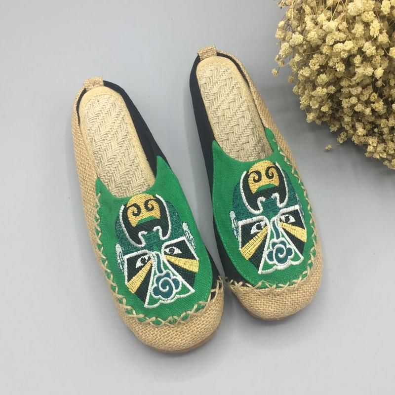 Dames Peking Opera Facial Geborduurde Casual Platte Schoenen Thuis Slippers