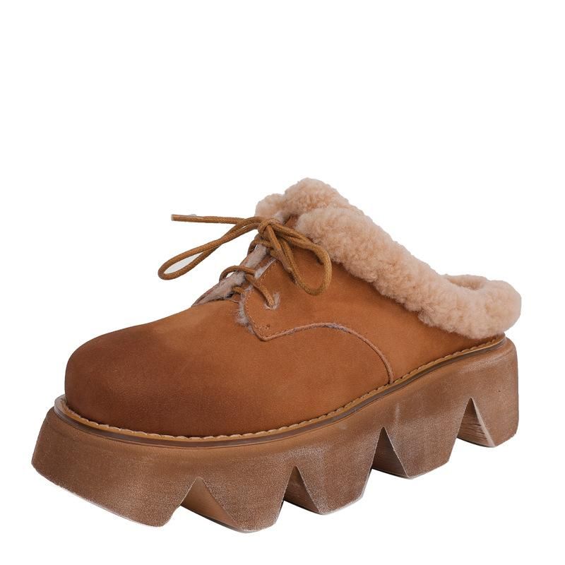 Dames Winter Warm Retro Platform Pluche Leren Pantoffels