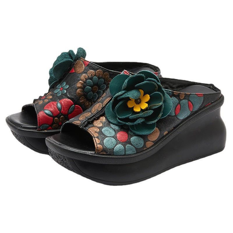 Dames Zomer Leren Vintage Wedge Slippers