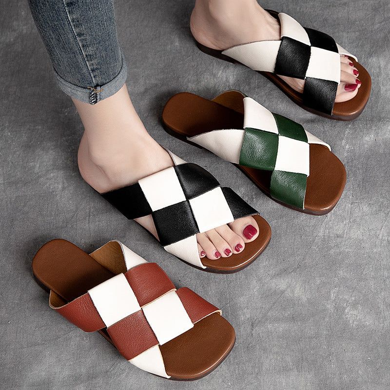 Dames Zomer Retro Geweven Leren Casual Slippers