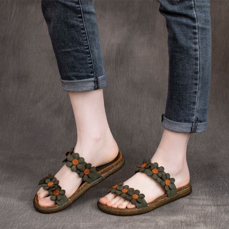 Dames Zomer Retro Lederen Bloemen Slippers