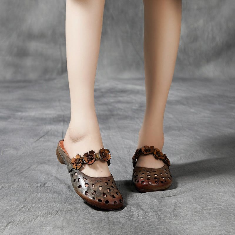 Dames Zomer Vintage Bloemen Hollow Lederen Slippers