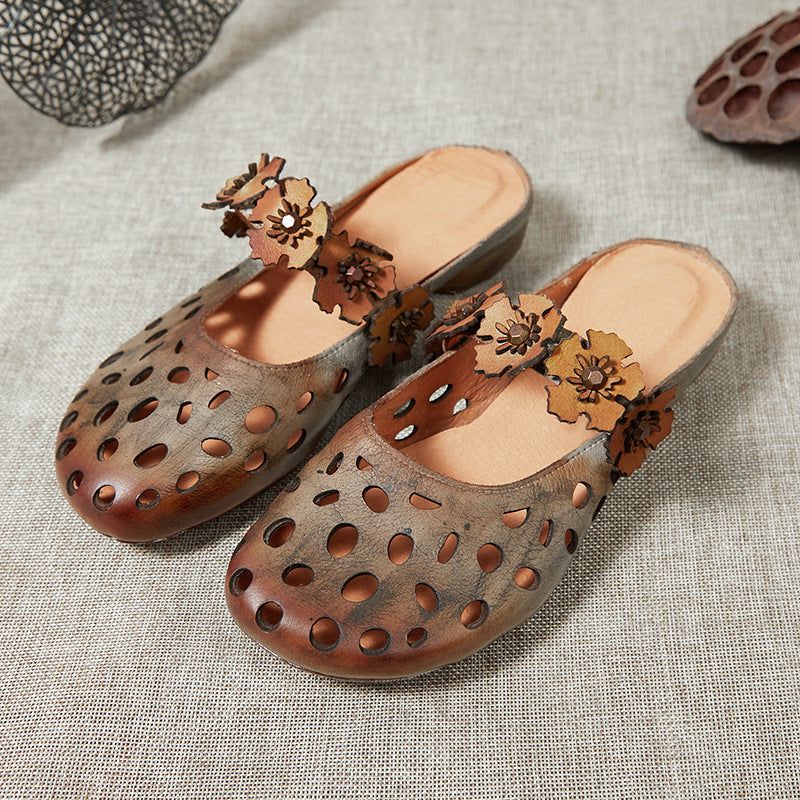 Dames Zomer Vintage Bloemen Hollow Lederen Slippers