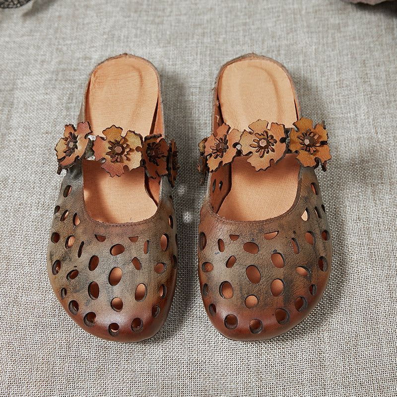 Dames Zomer Vintage Bloemen Hollow Lederen Slippers