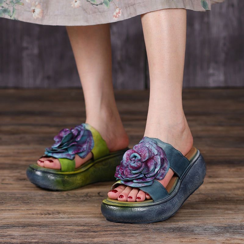 Dames Zomer Vintage Lederen Bloemen Platform Slippers