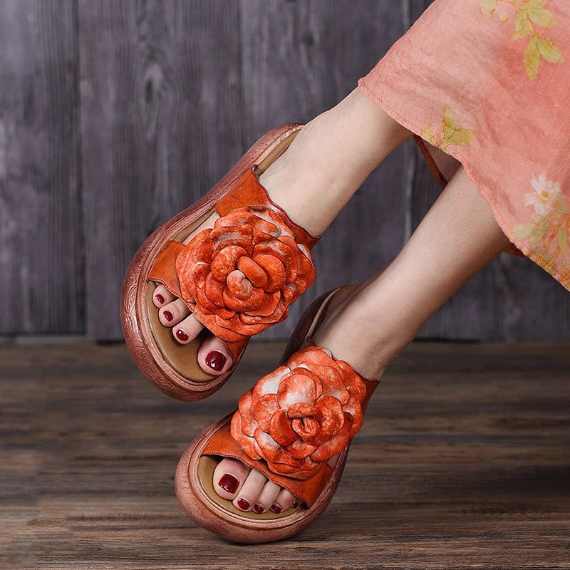 Dames Zomer Vintage Lederen Bloemen Platform Slippers