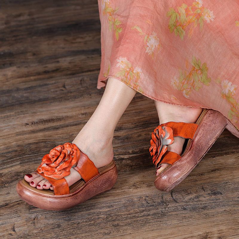 Dames Zomer Vintage Lederen Bloemen Platform Slippers