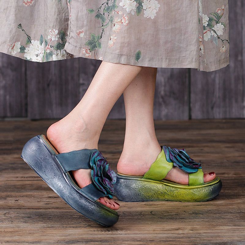 Dames Zomer Vintage Lederen Bloemen Platform Slippers