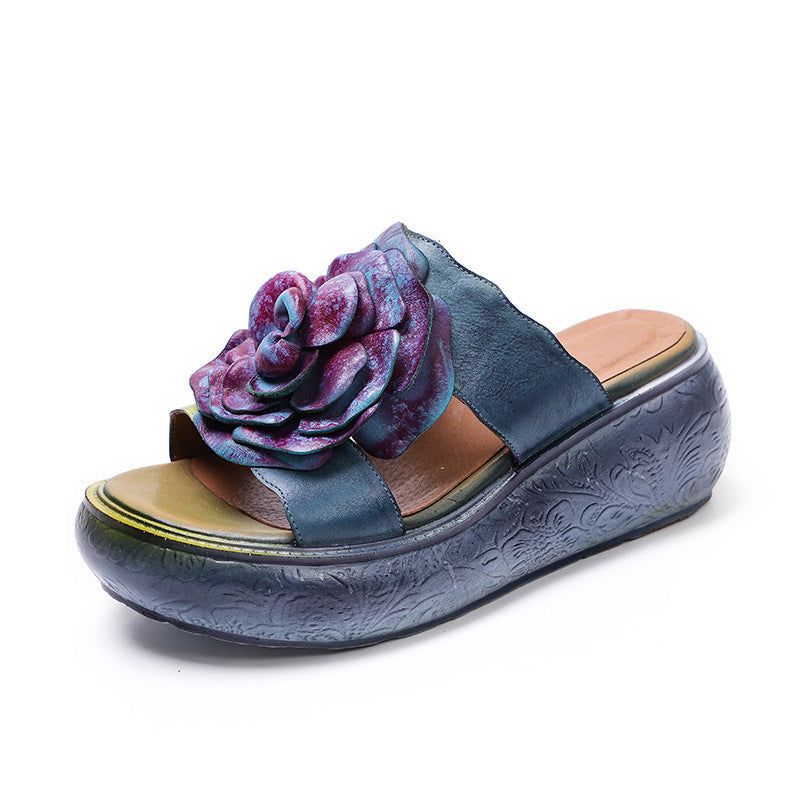 Dames Zomer Vintage Lederen Bloemen Platform Slippers