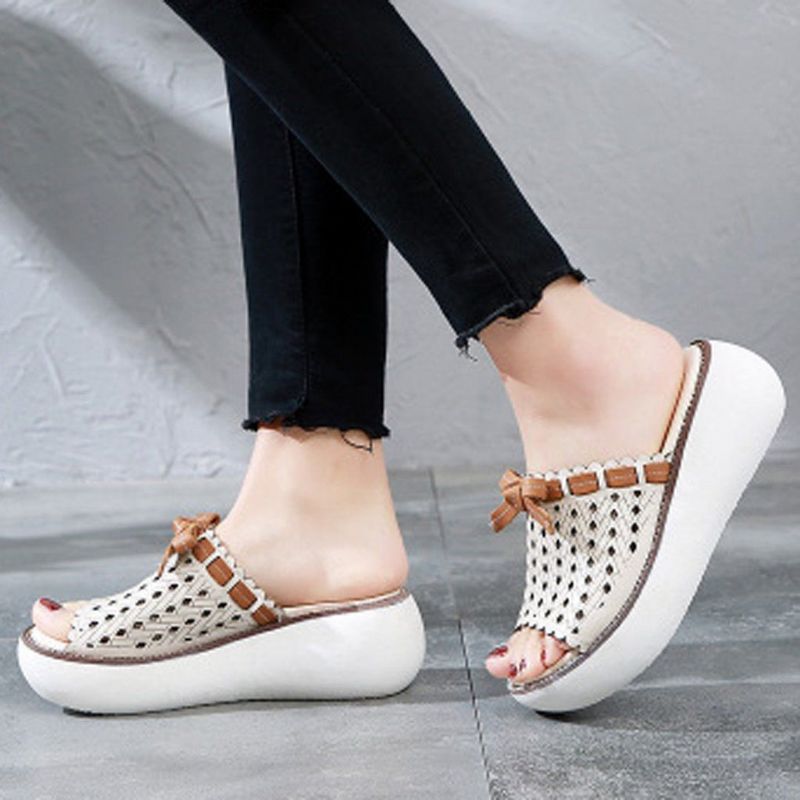 Hollow Out Bow Knot Platform Casual Slippers