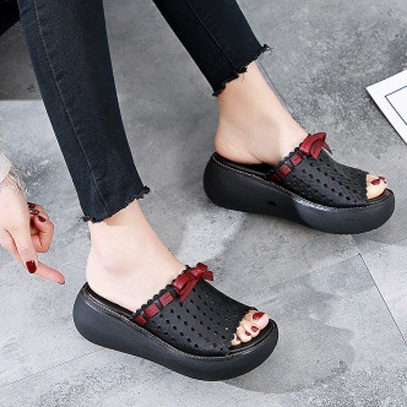 Hollow Out Bow Knot Platform Casual Slippers