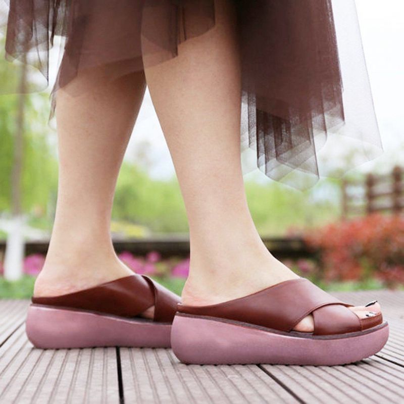 Leren Retro Casual Platform Slippers