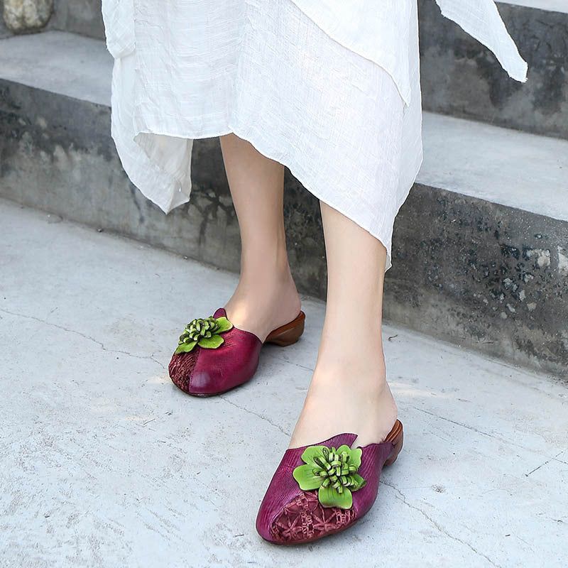 Zomer Vintage Bloemen Gevlochten Leren Casual Slippers