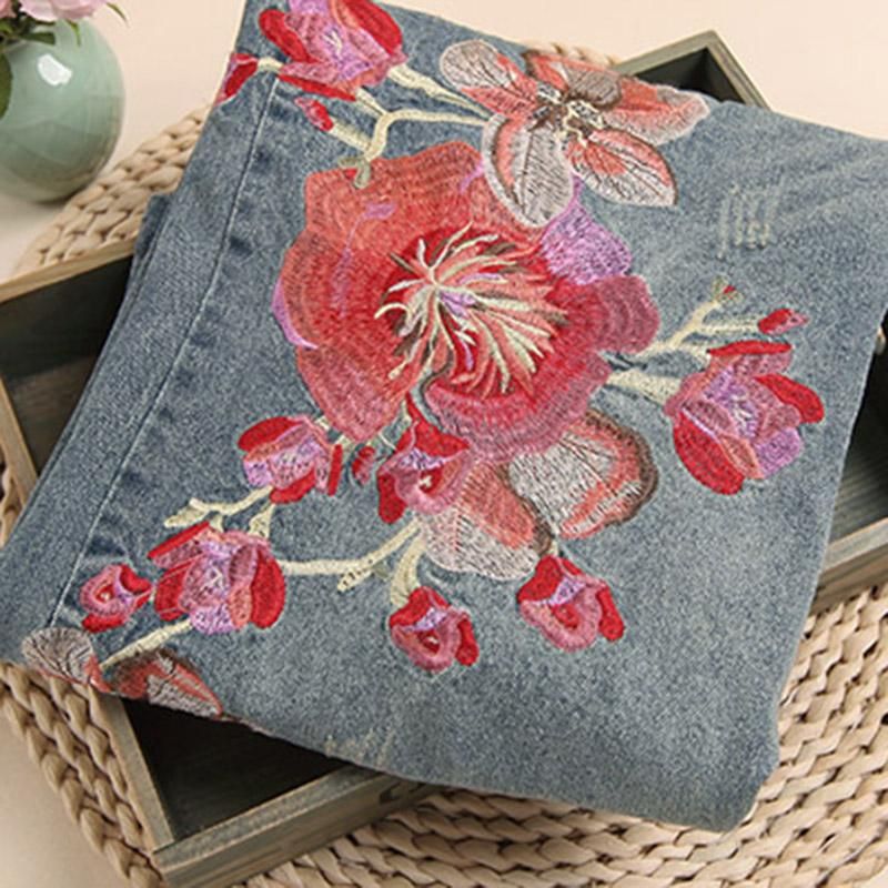 Borduurwerk Bloemen Denim Losse Wijde Pijpen Broek