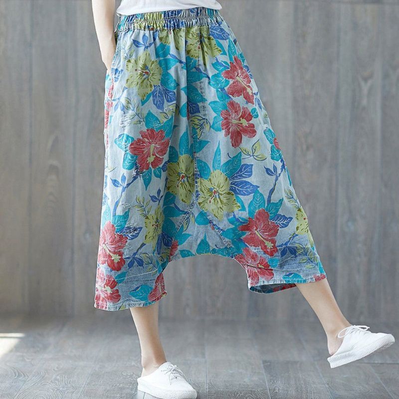 Casual Broek Met Los Kruis En Trekkoord Met Bloemenprint