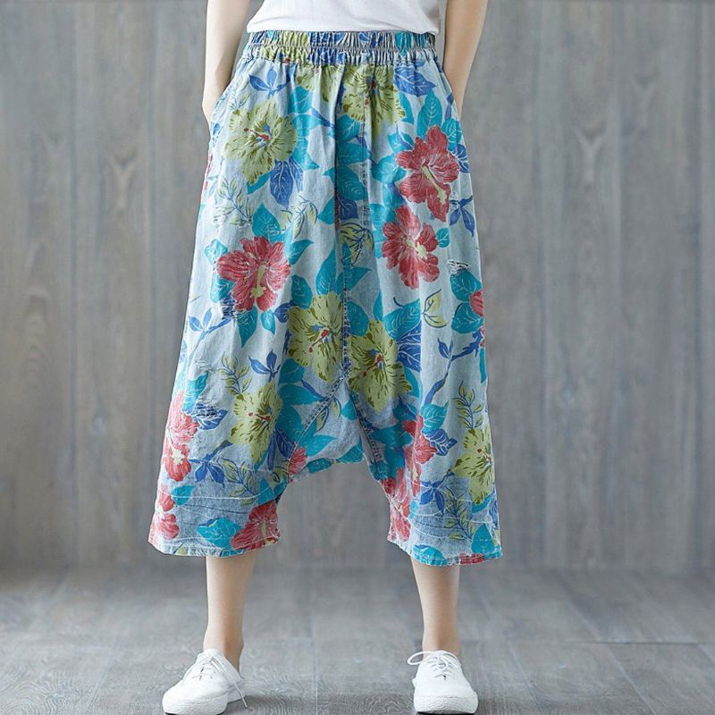 Casual Broek Met Los Kruis En Trekkoord Met Bloemenprint