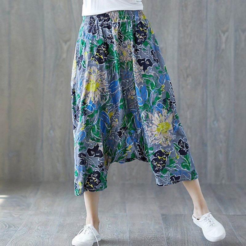 Casual Broek Met Los Kruis En Trekkoord Met Bloemenprint