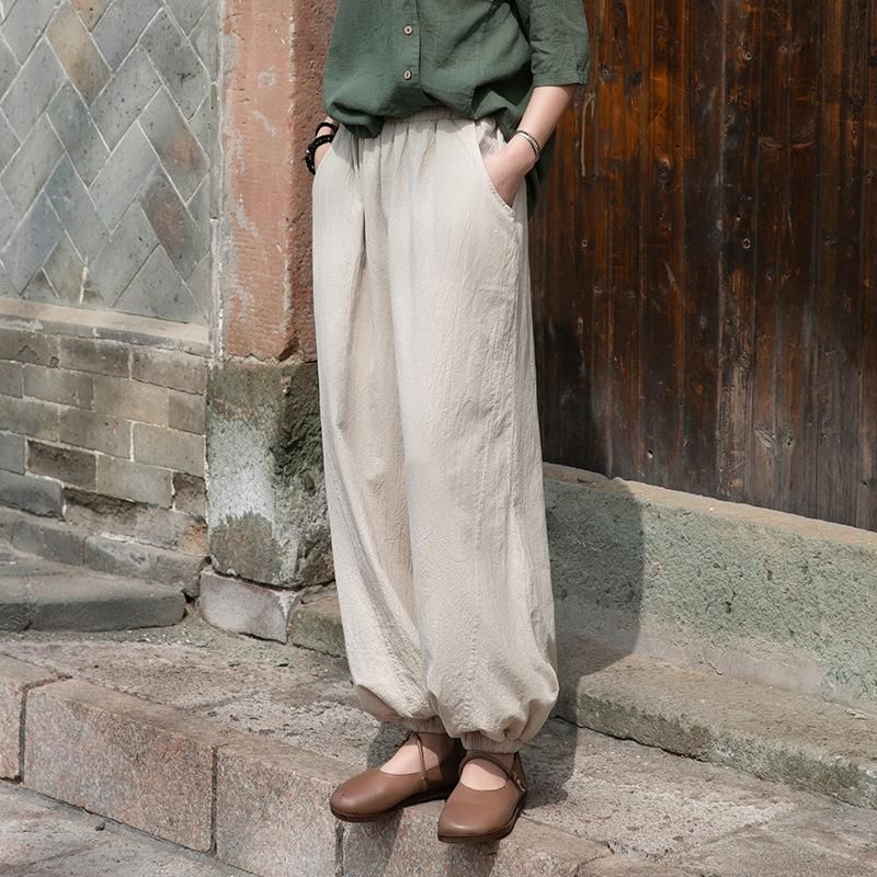 Casual Broek Van Katoenlinnen Voor Dames Met Losse Stiksels