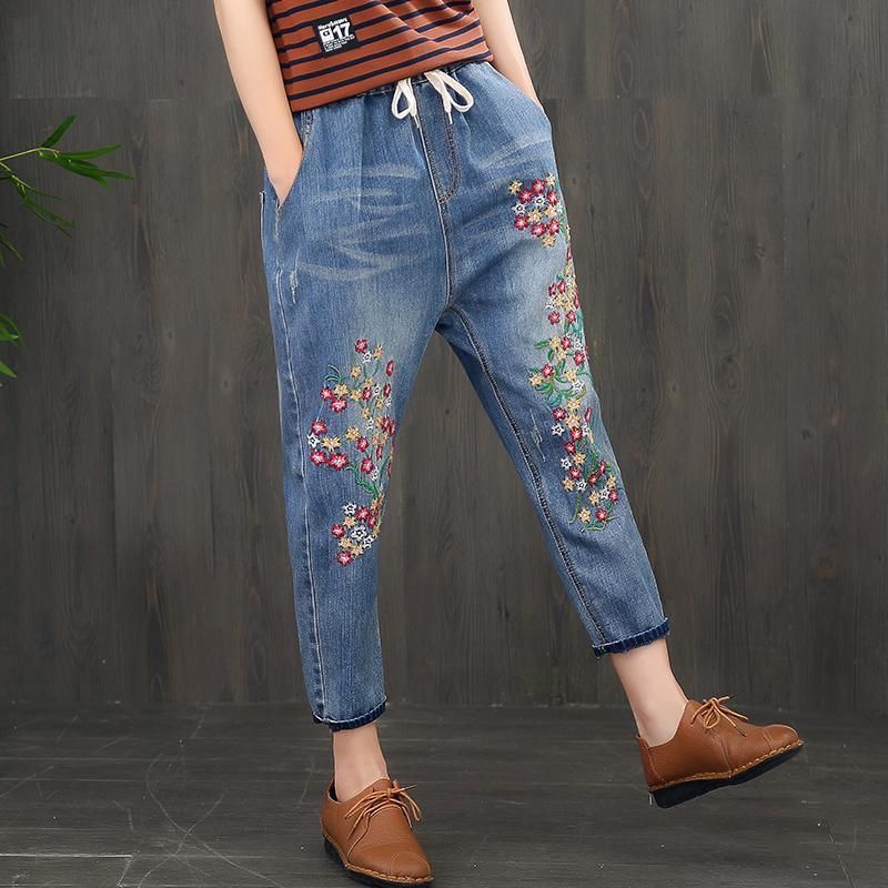 Dames Lente En Zomer Borduurwerk Retro Casual Broek