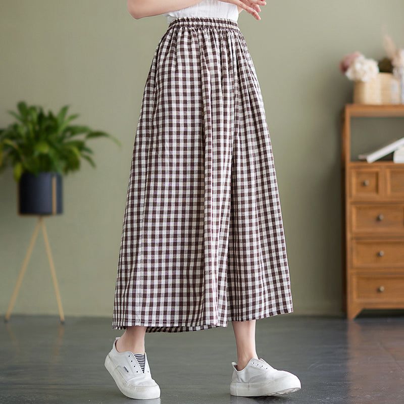 Dames Losse Katoenen Geruite Wijde Broek Met Wijde Pijpen