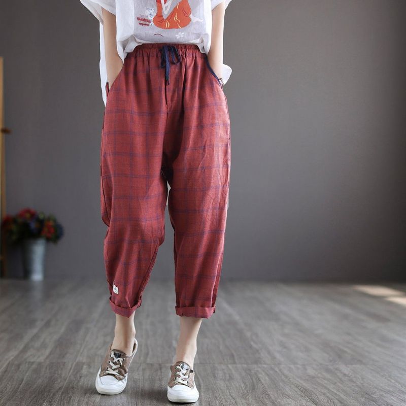 Dames Plaid Casual Losse Dunne Katoenen Broek