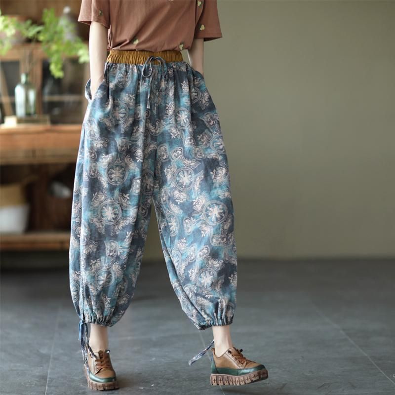 Dames Retro Bloemen Dunne Katoenen Linnen Casual Broek