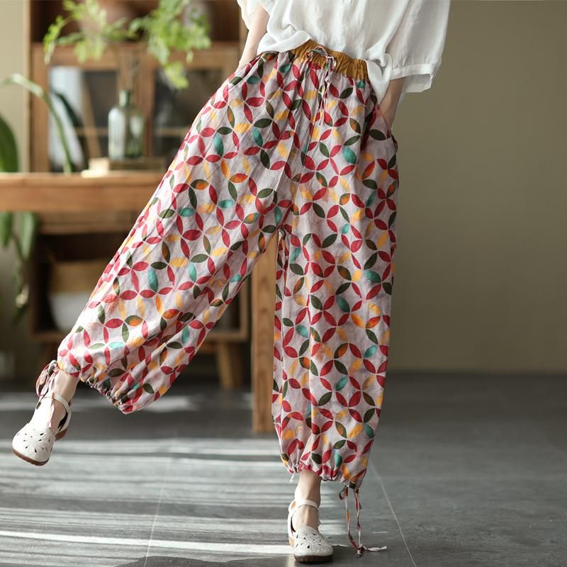 Dames Retro Bloemen Dunne Katoenen Linnen Casual Broek