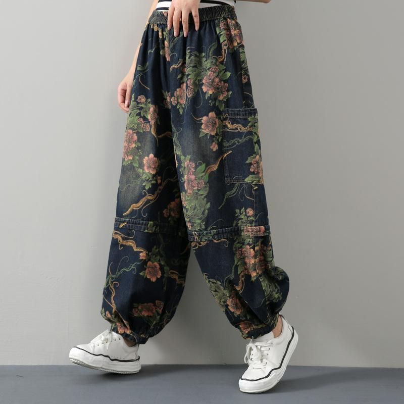 Dames Retro Bloemenprint Katoenen Denim Broek