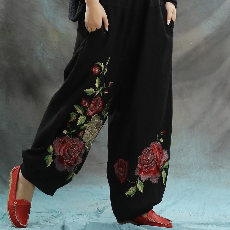 Dames Retro Geborduurde Bloeiers Elastische Taille Broek Met Wijde Pijpen