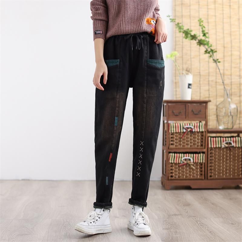 Dames Winter Dikker Retro Geborduurde Elastische Patchwork Jeans