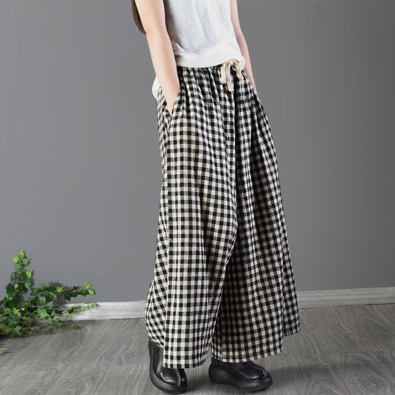 Dames Zomer Losse Katoenen Linnen Plaid Wijde Pijpen Broek