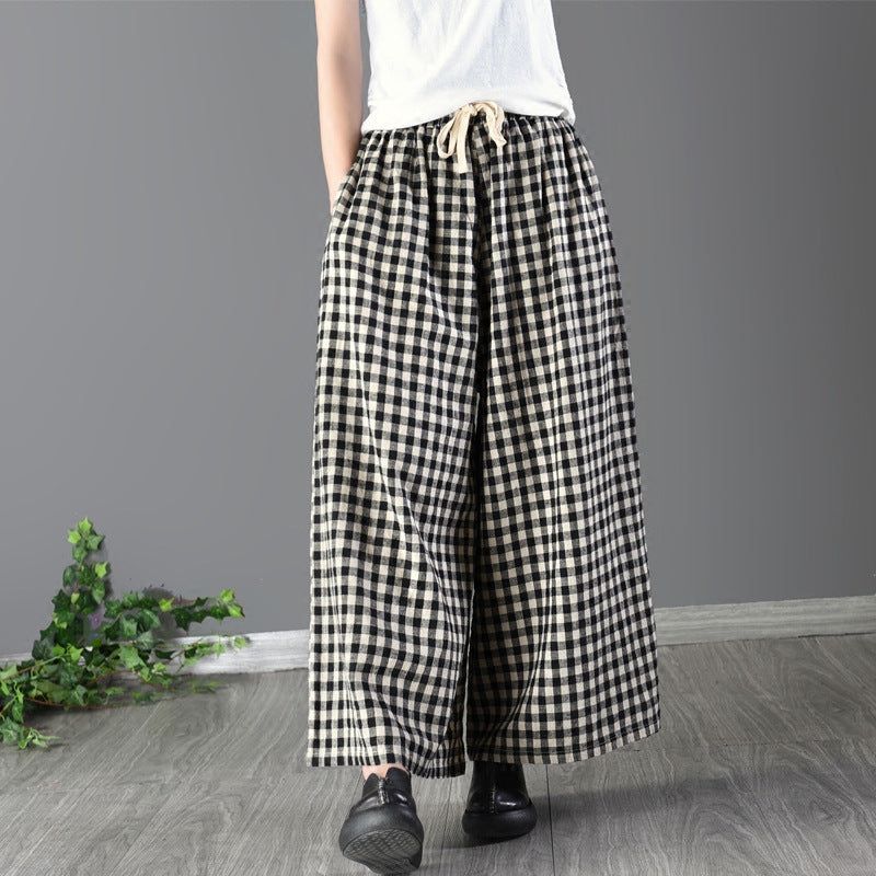 Dames Zomer Losse Katoenen Linnen Plaid Wijde Pijpen Broek