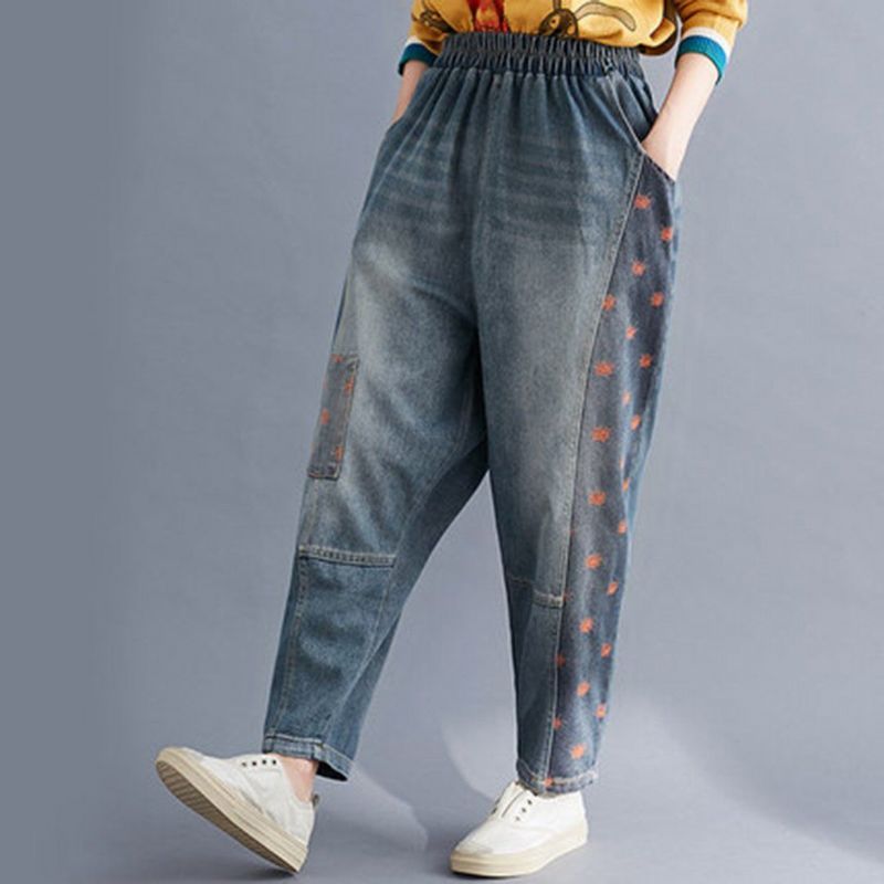 Elastische Taille Patchwork Denim Harembroek