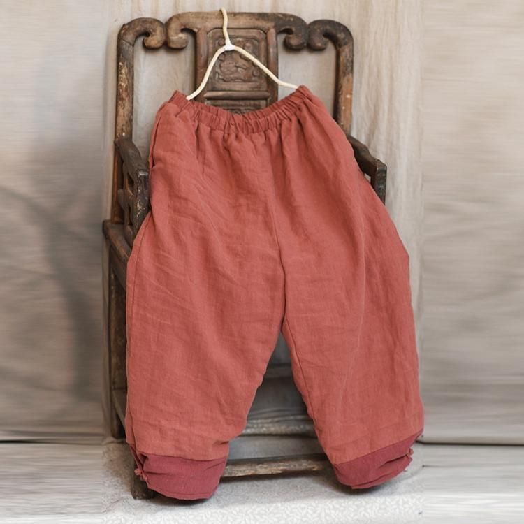 Elastische Taille Stiksels Linnen Casual Wijde Pijpen Broek