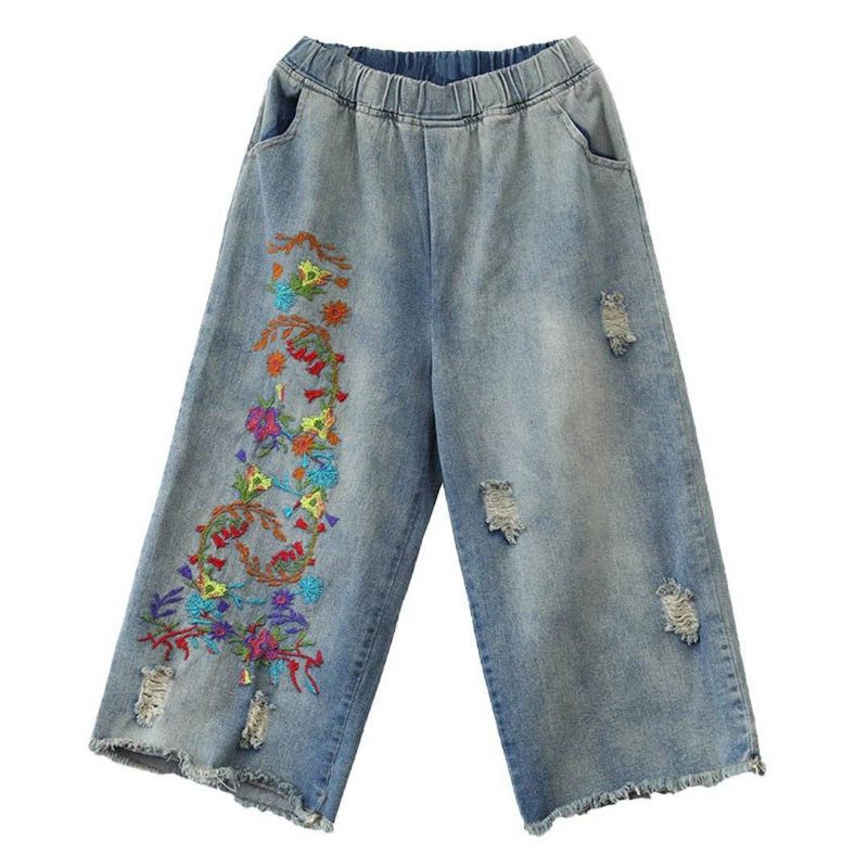 Geborduurde Elastische Taille Ragged Jeans