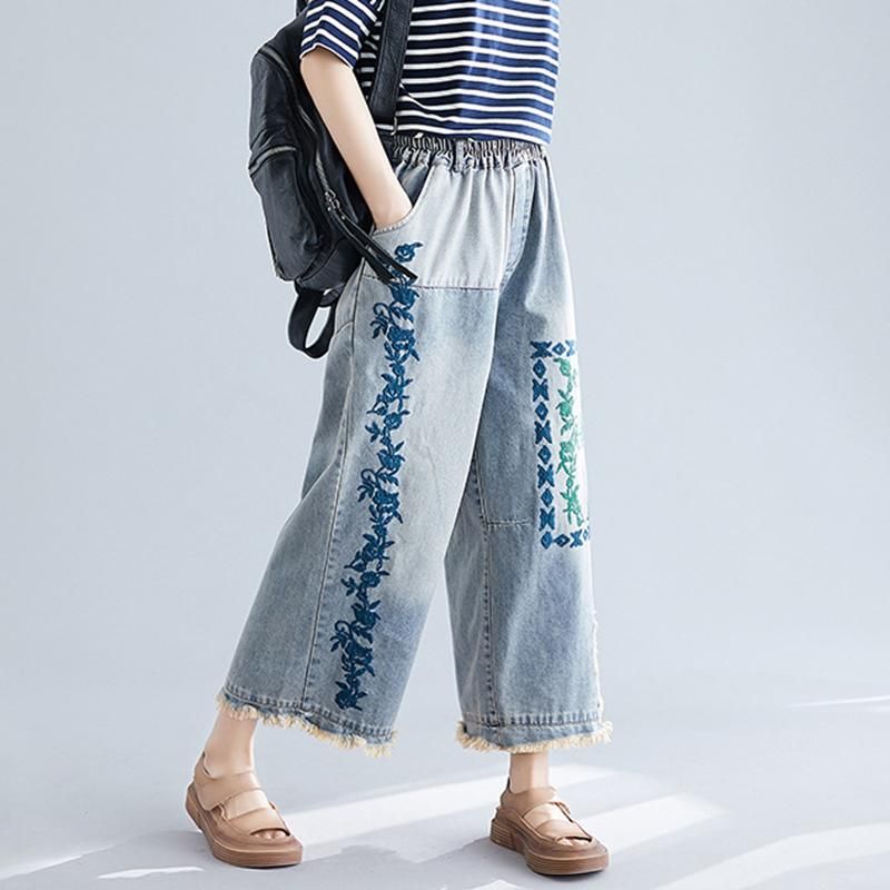 Geborduurde Retro Denim Broek Met Wijde Pijpen