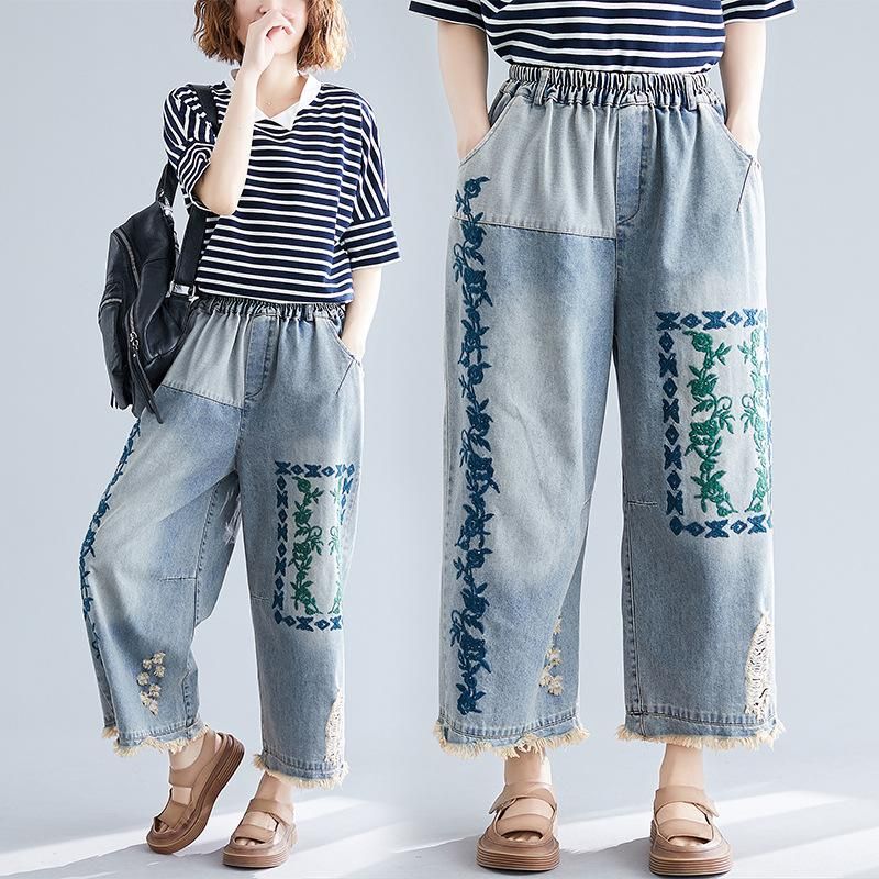 Geborduurde Retro Denim Broek Met Wijde Pijpen