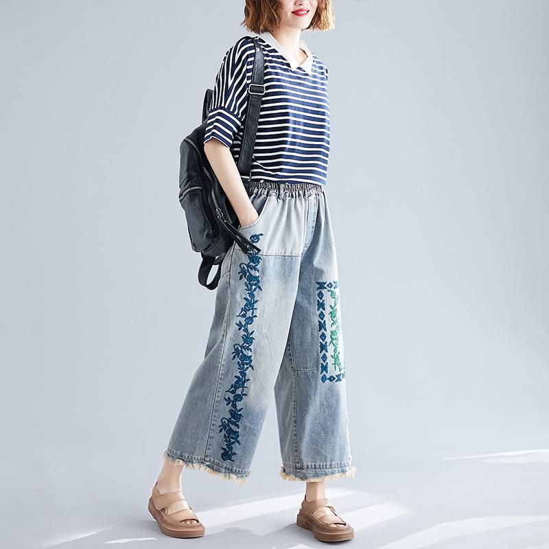 Geborduurde Retro Denim Broek Met Wijde Pijpen