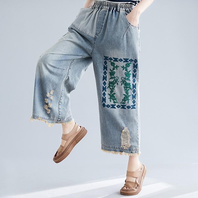 Geborduurde Retro Denim Broek Met Wijde Pijpen