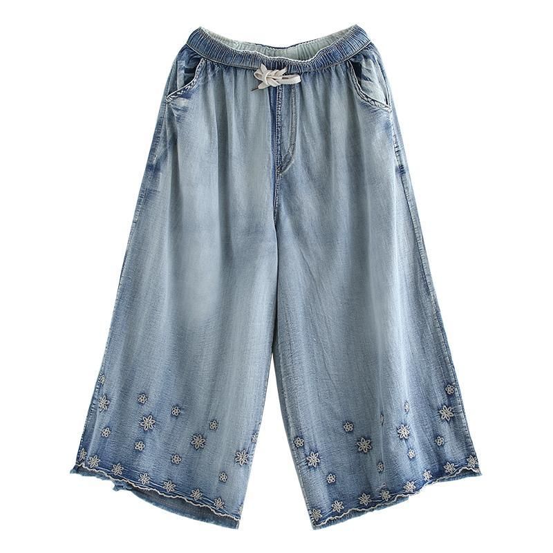 Herfst Vintage Geborduurde Dunne Casual Denim Broek Met Wijde Pijpen