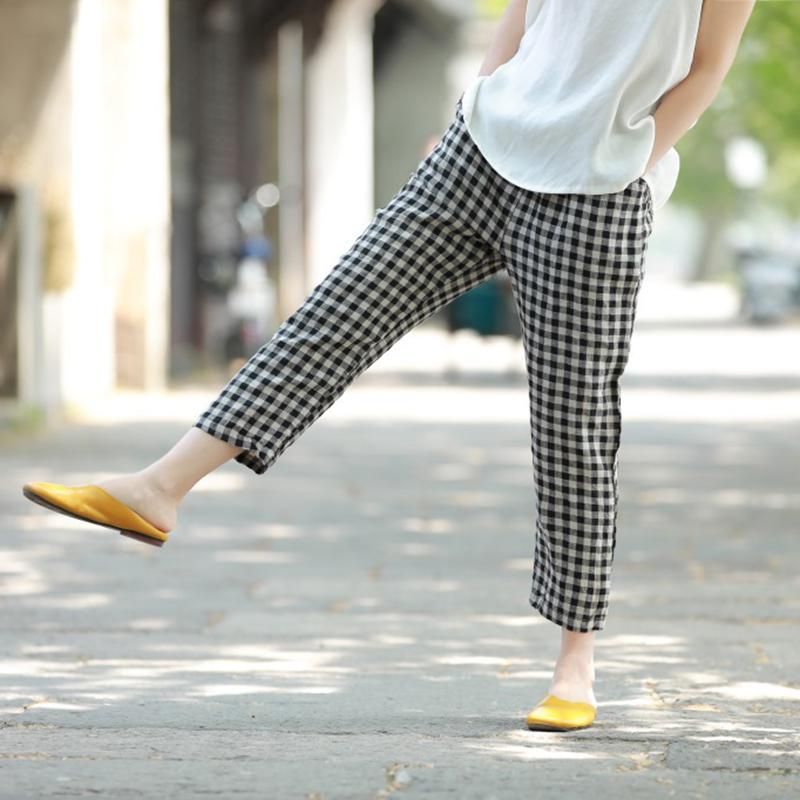 Lente Ademende Geruite Linnen Broek