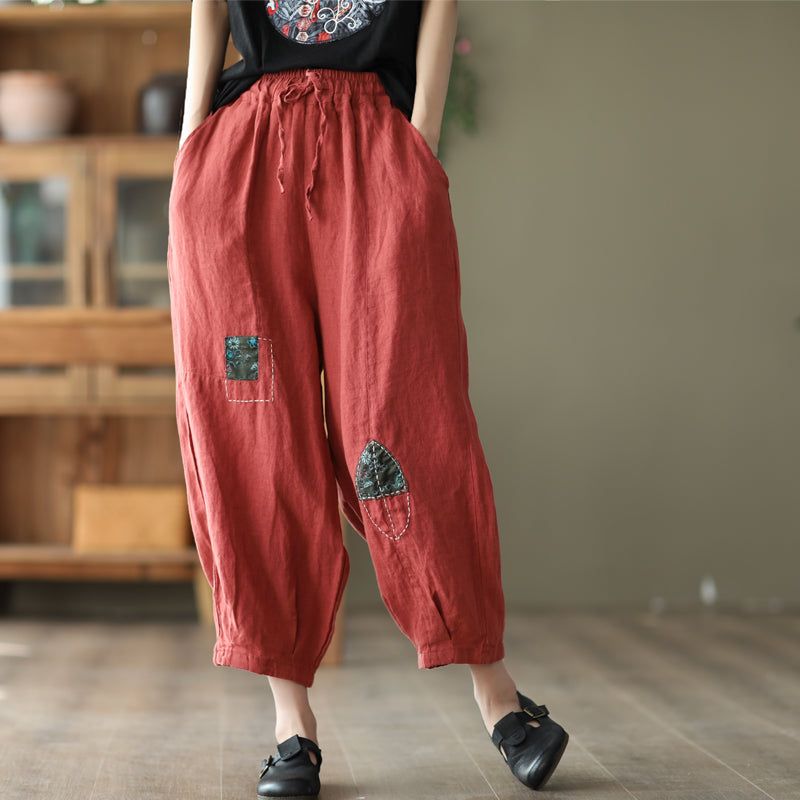 Lente Dames Retro Patchwork Losse Linnen Broek