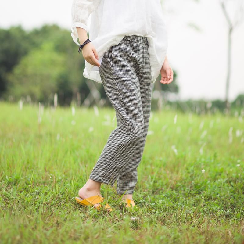 Lente Losse Casual Katoenen Linnen Geruite Broek